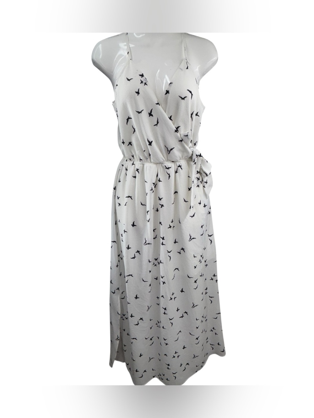 ⁠Dream Of Me Women's Midi Dress Sz M White Black Bird Print Faux Wrap Sleeveless